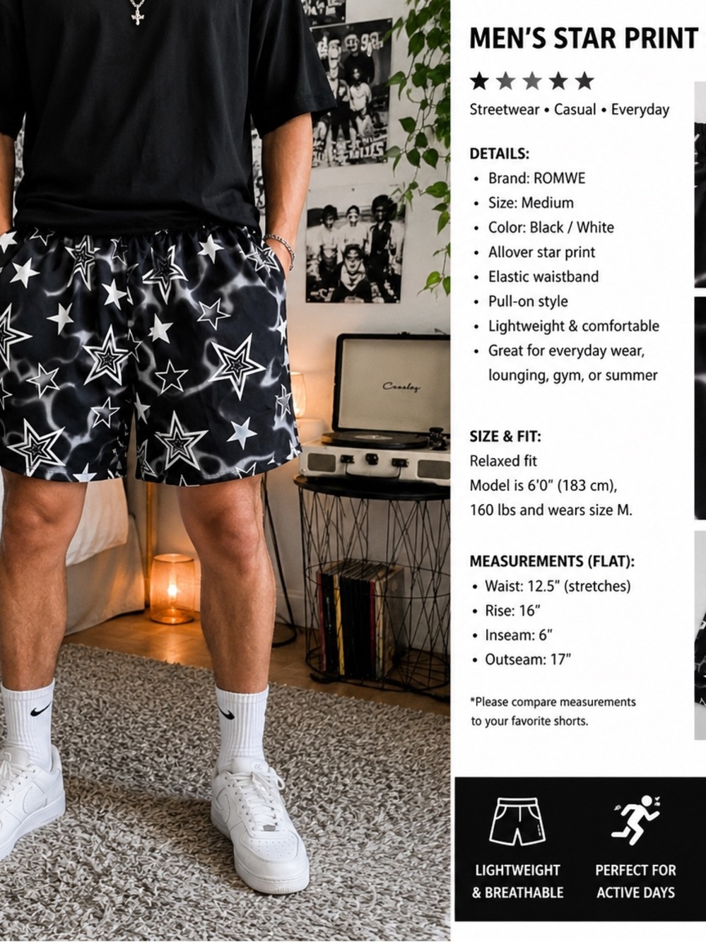 ROMWE Y2K Celestial Star Print Shorts Black White Soft Grunge Aesthetic M